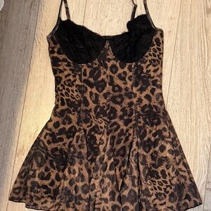 Leopard Print Romper Bustier Dress with Lace Trim